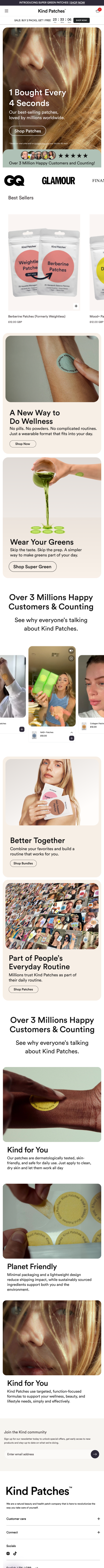 Kind Patches Website + PDP + Cart Makeover mobile site, slowly scrolling preview